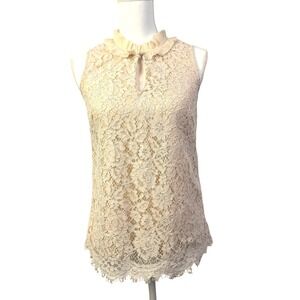 J.‎ Crew Romantic Lace Top Ruffle Mock Neck Cream Sleeveless Blouse Party XS